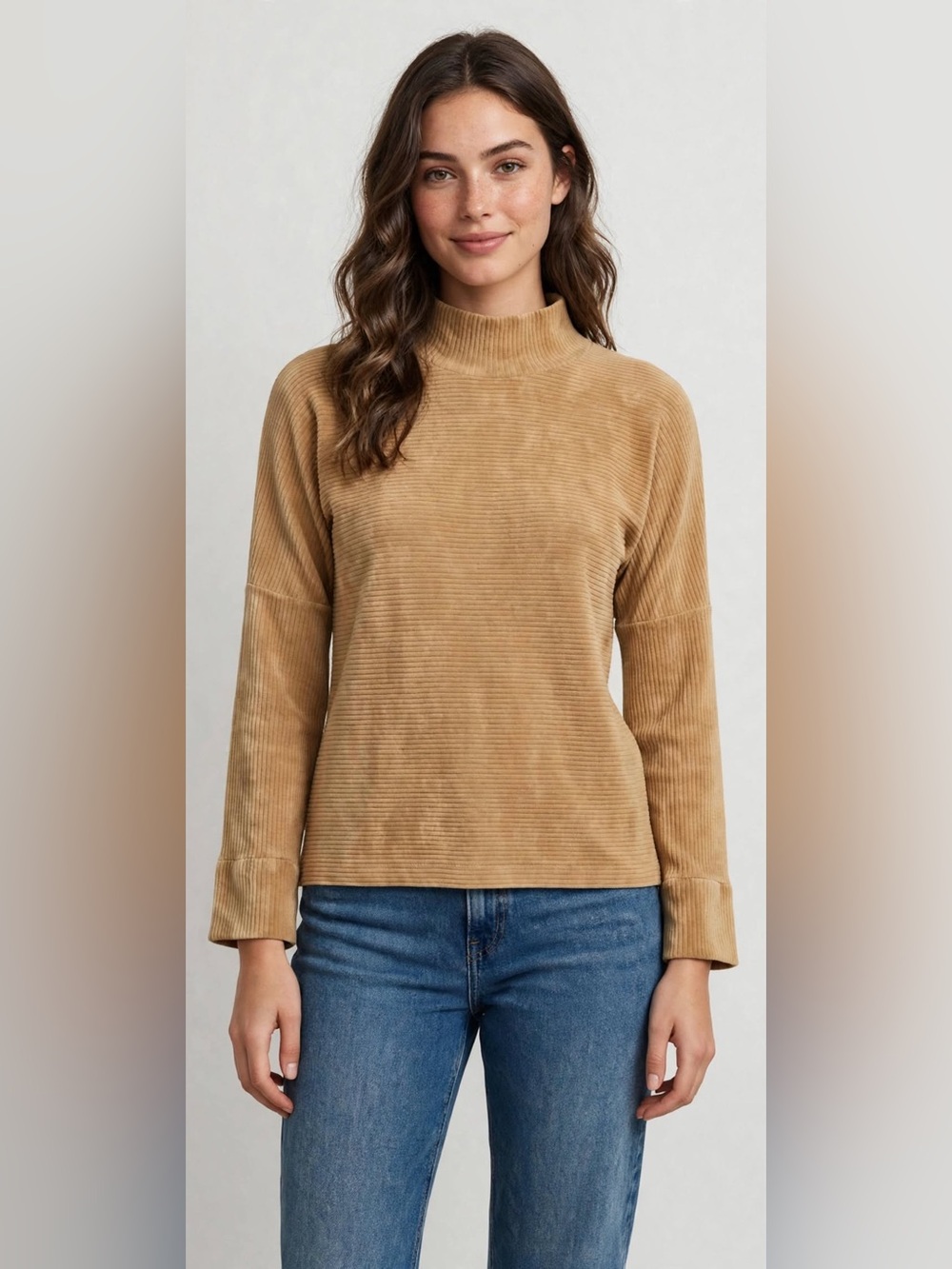 Rafaella Neutral Camel Ribbed Mock-Neck Top